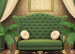 Zielona sofa między paprociami w donicach