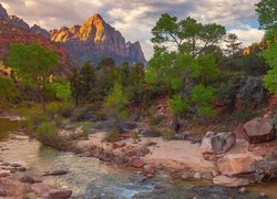 Góry, Rzeka, Rzeka, Virgin River, Drzewa, Park Narodowy Zion, Utah, Stany Zjednoczone