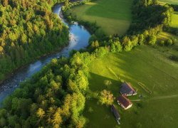 Rzeka Sava, Zielone, Drzewa, Polana, Domy, Z lotu ptaka, Słowenia