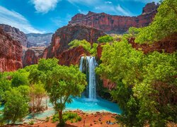 Stany Zjednoczone, Arizona, Park Narodowy Wielkiego Kanionu, Wielki Kanion Kolorado, Skały, Drzewa, Wodospad, Havasu Falls