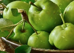 Jabłka, Zielone, Krople, Liście, Miska