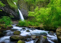 Wodospad, Upper Horsetail Falls, Rzeka, Skały, Kamienie, Zielone, Krzewy, Rośliny, Oregon, Stany Zjednoczone