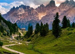 Włochy, Południowy Tyrol, Góry, Dolomity, Zielone, Wzgórza, Drzewa, Ścieżka, Chmury