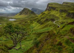 Wzgórza, Góry, Jeziora, Zielone, Drzewo, Chmury, Wyspa Skye, Osuwisko, Quiraing, Szkocja