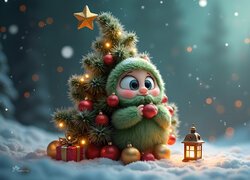 Zielony, Ludzik, Boże Narodzenie, Choinka, Bombki, Lampion, Śnieg, Grafika
