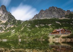 Góry, Tatry, Jezioro, Zielony Staw Kieżmarski, Dom, Odbicie, Słowacja