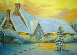Zima i świąteczna choinka przed domem w malarstwie