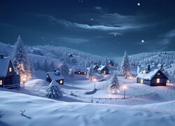 Zima, Drzewa, Śnieg, Noc, Domy, Światła, Niebo