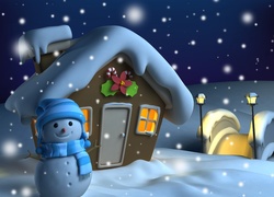 Zimowa grafika z bałwankiem obok domku