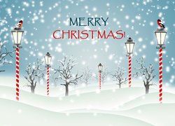 Drzewa, Latarnie, Ptaki, Śnieg, Napis, Merry Christmas, 2D