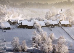 Zima, Wieś, Domy, Kościół, Pola