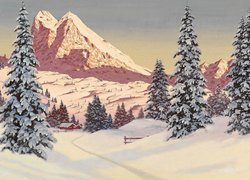 Malarstwo, Obraz, Alois Arnegger, Góry, Drzewa, Domy, Zima