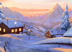Zima, Góry, Ośnieżone, Domy, Śnieg, Droga, Świerki, Grafika Paintography
