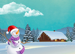 Zimowy krajobraz z radosnym bałwankiem w 2D