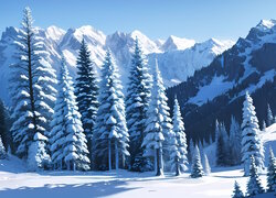 Zima, Góry, Las, Drzewa, Śnieg, Promienie słońca, Grafika