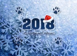 Nowy Rok, 2018, Czapka, Mikołaja, Ślady, Łapy, Śnieżynki