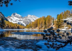 Zima, Jezioro, Góry, Drzewa, Śnieg