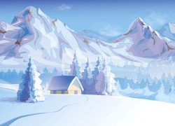 Zimowy widok z domkiem i górami w grafice 2D