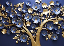 Złota gałąź z niebieskimi i złotymi kwiatkami