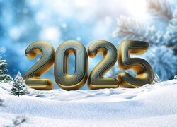 Złote cyfry 2025 na śniegu w grafice