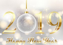 Nowy Rok, 2019, Napis, Happy New Year, Bombka, Gwiazdki