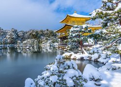 Japonia, Kioto, Ogród Kyōko-chi Pond, Staw Kyōko-chi, Złoty Pawilon, Świątynia buddyjska, Drzewa, Śnieg