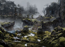 Zniszczony most na skałach w grze komputerowej God of War