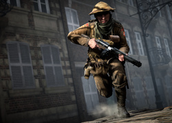 Żołnierz z pistoletem maszynowym w scenie z gry Battlefield 1