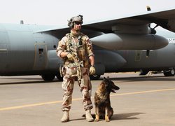 Żołnierz z psem przed samolotem
