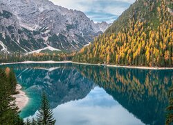 Góry, Jezioro, Pragser Wildsee, Żółte, Drzewa, Odbicie, Włochy