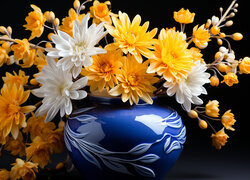 Żółte i białe kwiaty w niebieskim wazonie