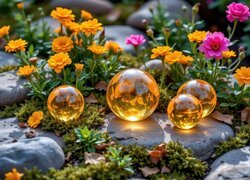 Żółte kule na kamieniach przy różowych i żółtych kwiatach