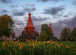 Cerkiew, Drzewa, Łąka, Żółte, Kwiaty, Chmury, Obwód archangielski, Rosja