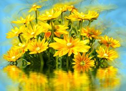 Żółte kwiaty w odbiciu wody