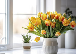 Żółte tulipany w wazonie na parapecie okiennym