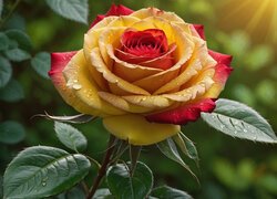 Żółto-czerwona róża w kroplach wody