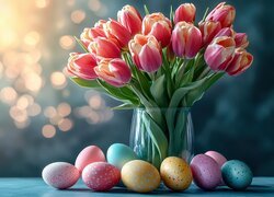 Tulipany, Bukiet, Kolorowe, Pisanki, Wielkanoc, Grafika