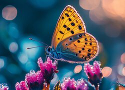 Żółty, Motyl, Różowe, Kwiaty, Krople