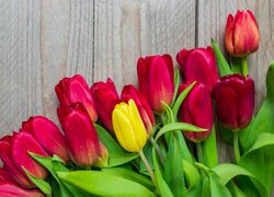 Kwiaty, Żółty, Czerwone, Tulipany, Bukiet, Deski