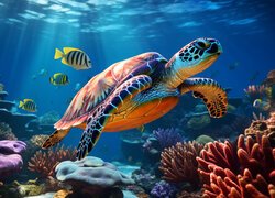 Żółw morki wśród ryb i koralowców