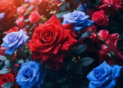 Zroszone czerwone i niebieskie róże