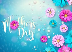 Życzenia na Dzień Matki i kwiaty na niebieskim tle