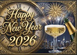 Życzenia noworoczne na zegarze oraz szampan i fajerwerki nad miastem