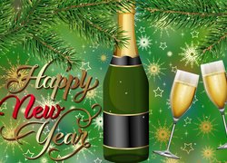 Życzenia noworoczne obok szampana i kieliszków pod gałązkami