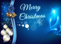 Boże Narodzenie, Dzwony, Bombki, Wstążki, Napis, Merry Christmas, Grafika, Niebieskie tło