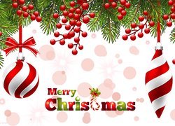 Boże Narodzenie, Gałązki, Biało-czerwone, Bombki, Napis, Merry Christmas