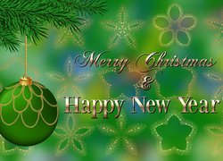 Życzenia świąteczno-noworoczne obok bombki na zielonym tle