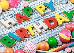 Urodziny, Ciasteczka, Lizaki, Cukierki, Napis, Happy Birthday, Deski