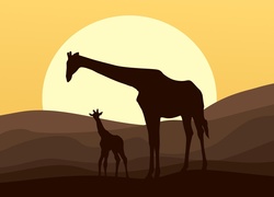 Żyrafy na pustyni ze słońcem w tle w grafice 2D