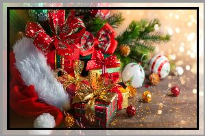 Czapka, Mikołaja, Prezenty, Bombki, Gałązki, Boże Narodzenie